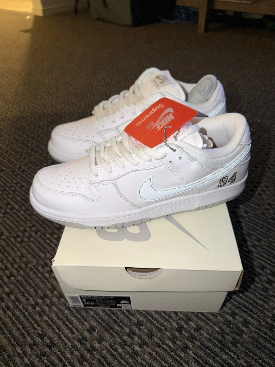 Supreme x Nike Dunk SB Low White Metallic Silver for Sale