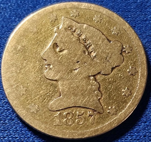 1857-S $5 Liberty Gold. Lowball Grade. Cool Circulated Example