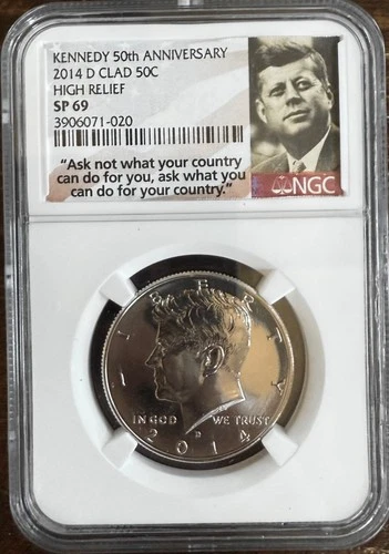 KENNEDY 50TH ANNIVERSARY 2014 D CLAD 50C HIGH RELIEF SP 69