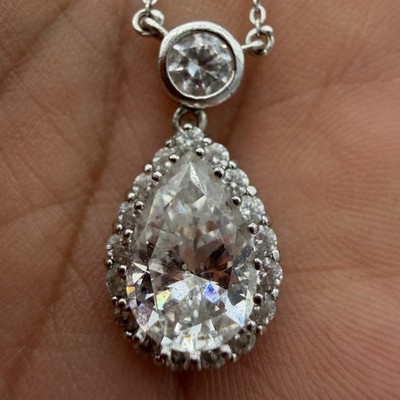 Vtg Sterling Silver CZ Necklace Pear Teardrop Dangle Bezel Set Crystal Designer