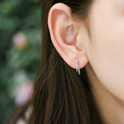 1CT Round Lab Created Diamond Women's Huggie Hoop Earrings 14k White Gold Plated - Picture 2 of 5