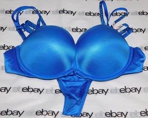 NEW Victoria's Secret Bombshell Plunge Bra Blue Satin 36B & Thong Set Medium VS
