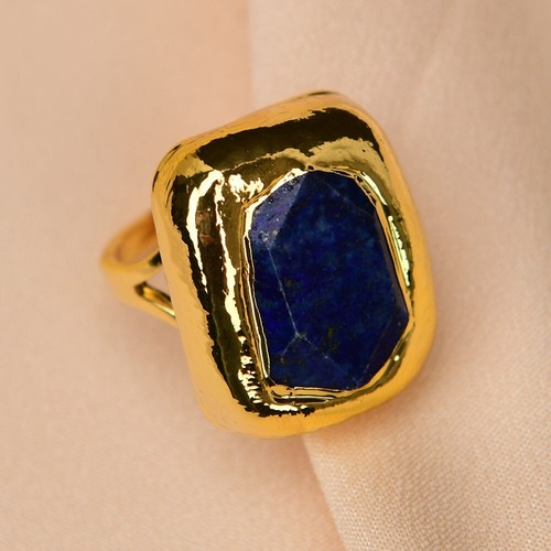 Natural Blue Lapis lazuli Stone Rings Gold Plated Edge Adjustable Ring Handmade - Picture 10 of 11