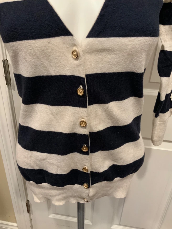 Cárdigan tejido fino a rayas azul y tostado Charlotte Tarantola con encaje, talla S Foto 2 de 4