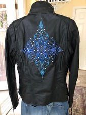Harley- Davidson Black Leather Jacket with Gorgeous Bright Blue Embroidery. Sz S