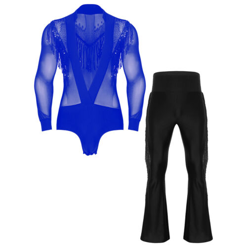Mens Latin Tango Dance Costume Sequined Tassels Rhinestones Bodysuit with Pants - Picture 21 of 219