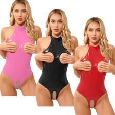 UK Women Metallic Leather Halter Neck Open Bust Leotard Bodysuit Teddy Lingerie