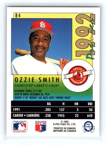 1992 O-Pee-Chee Premier #84 Ozzie Smith Good Centering St. Louis Cardinals - Picture 2 of 2
