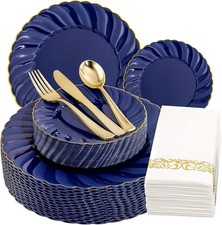 150 PCS Blue Plastic Plates Wedding Birthday Parties Event Dinnerware Sets