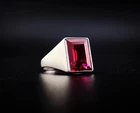 Vintage Sterling Silver - Emerald-Cut Red Sapphire Men's Ring Size 12 - 10g