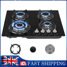 4 Burners Gas Hob 60cm Black Tempered Glass NG/LPG Convert With Iron Pan Stands