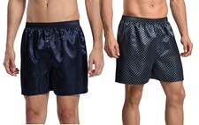 Men  s 2PK Satin Boxers Silky Smooth Sleep Shorts Lounge Underwear Navy M-U1