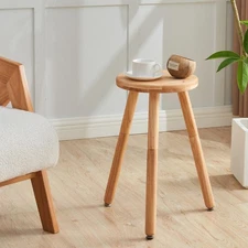 Small Round Side Table Adjustable Height Solid Wood Drink Table Indoor Tall P...