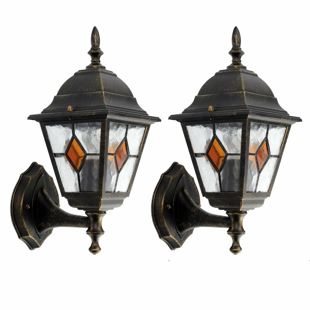 Juego de 2 luces de pared tradicionales negras cepilladas doradas para jardín exterior porche IP44