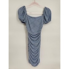 B. DARLIN Ruched Puff Sleeve Square Neck Mini Dress Blue Sparkle Metallic