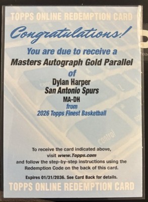2025-26 Topps Finest Dylan Harper Auto RC REDEMPTION   True Gold /50 MASTERS