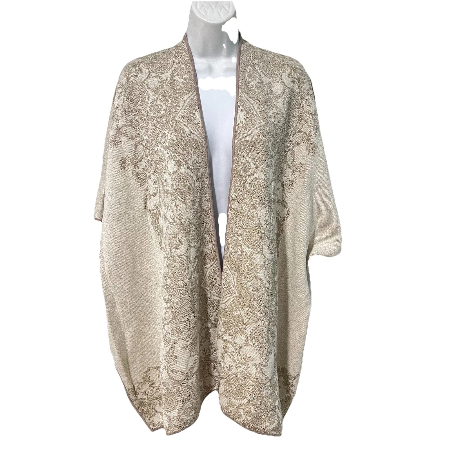 Chicos Poncho Sweater L/XL Reversible Ruana Cape Knit Metallic Floral Beige