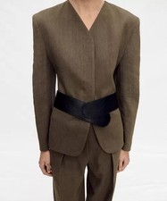 Mango capsule 66% linen  mix structured blazer with cinched waist in olive