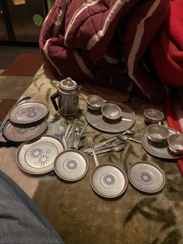 Vintage kids Tea Set metal cups plates