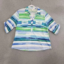 Rebecca Malone Shirt Womens XL Striped Roll Tab Sleeve Button Down Cotton Blend