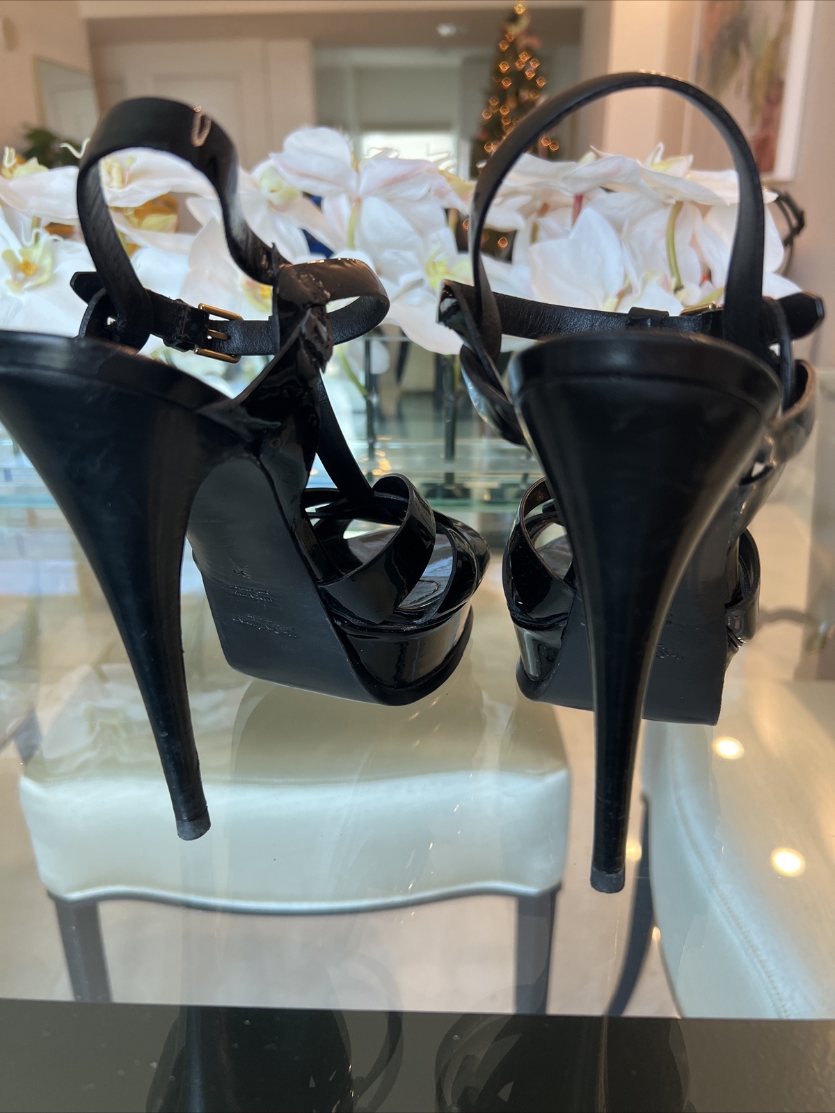 Sandali con plateau Saint Laurent Tribute neri in pelle verniciata 105 mm taglia 39 US 9