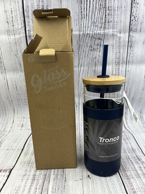 Tronco Glass Tumbler Bamboo Lid & Straw 20oz Reusable Iced Coffee Drink Cup Blue