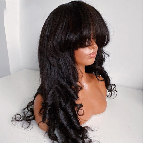 Yaki Wavy Brazilian Remy Human Hair Scalp Top Machine Made Wigs With Bangs 200% - Picture 3 of 12