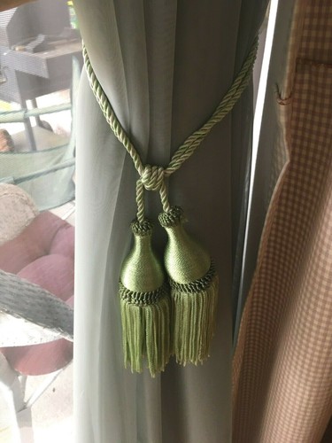 Pair - Large Drapery Curtain Braided Tie Backs with Tassels Light Green - Picture 4 of 7