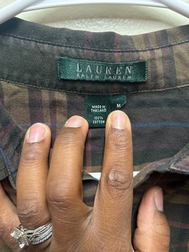 Lauren Ralph Lauren womens plaid button down top brown patch elbows size M - Picture 3 of 7