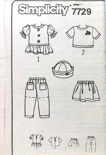 Simplicity Pattern 7729 Baby & Toddler Pants Shorts Skirt Top & Hat: Size ½ 1 2 - Picture 3 of 3