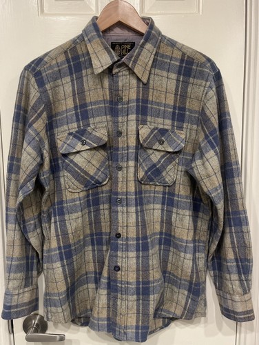 Vintage 80s Men's Pine Hill Wool Plaid LS Shirt - Indigo & Beige -Size L