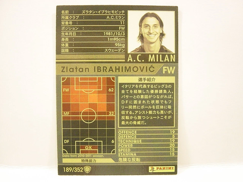 Panini WCCF 2010-11 Zlatan Ibrahimovic 1981 Sweden　No.11 AC Milan Italy CFW #189 - Image 4 of 4