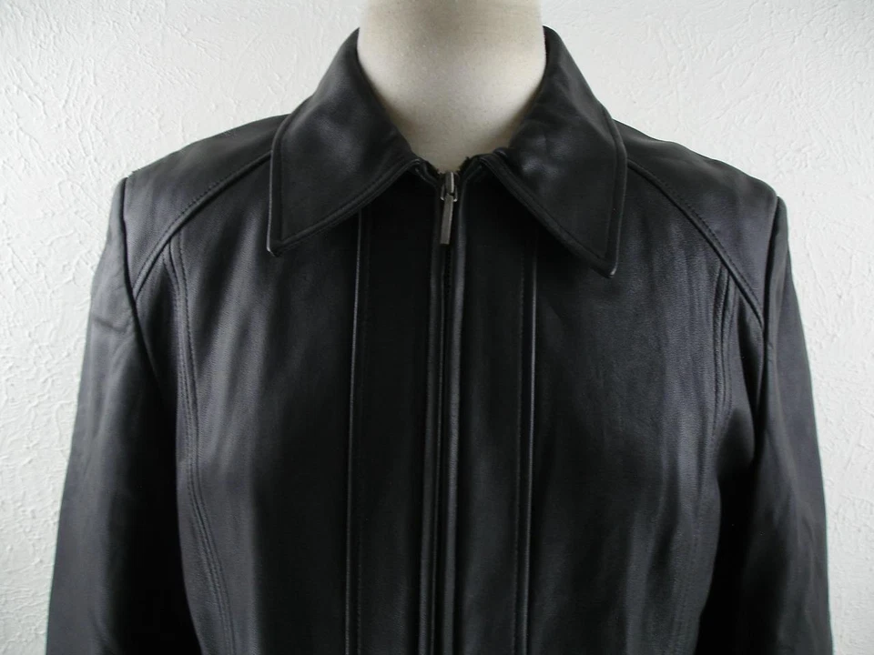 Mujer L Valerie Stevens Negro Suave Cuero Chaqueta Abrigo Vestido Vuelo Bombardero Cremallera Foto 2 de 4