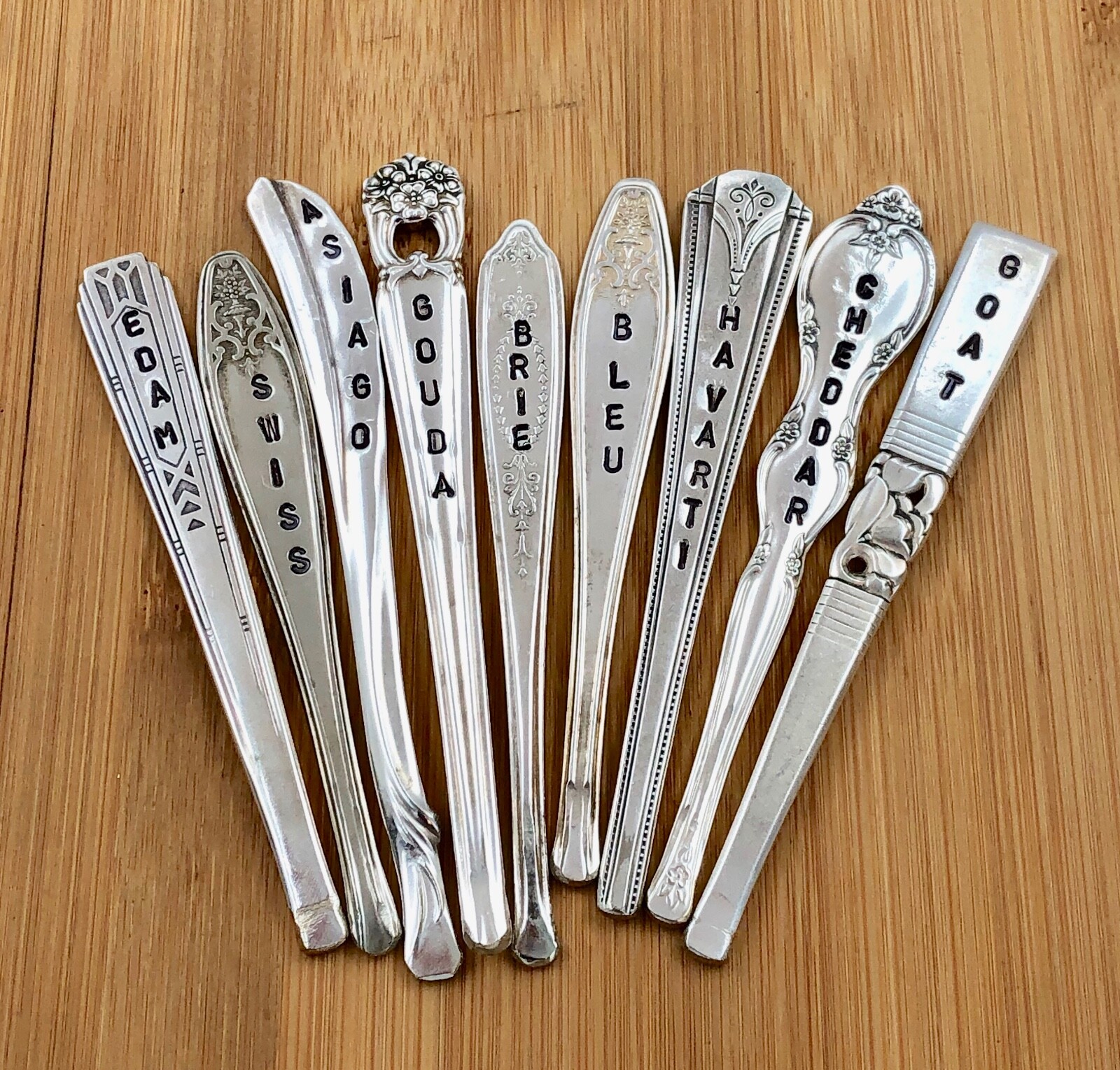 Cheese Markers Set of 9, Vintage Silver Plate Spoon handles, Stamped with Bag-image