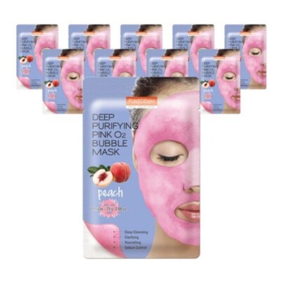 Purederm Deep Purifying Pink O2 Bubble Mask Peach 25g x 10 Sheet Pack K-Beauty