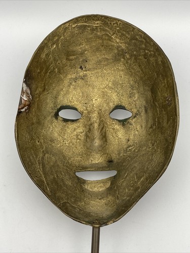 Vintage Brass Carnival Mask Mounted On Black Marble Base 11” Tall MCM Theater - Picture 7 of 10