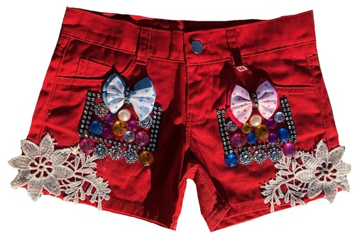 Girls Children Rhinestone Bow Designer Jeans Shorts Red M 104 L 110