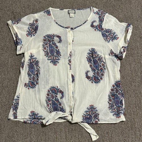 Lucky Brand Peter Dunham Womens 1X Button Up Blouse Shirt Tie Waist Paisley