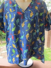 Liana Uniforms Brand SCRUB TOP Size S/M -Blue Background Fish Pattern