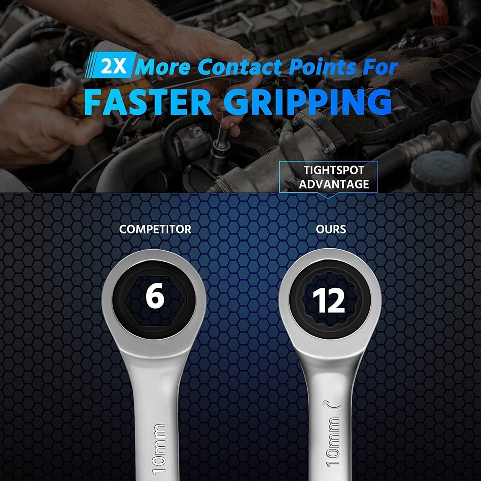 Double Box End Ratcheting Wrench Set Metric 6Piece, 8mm19mm, 72Tooth