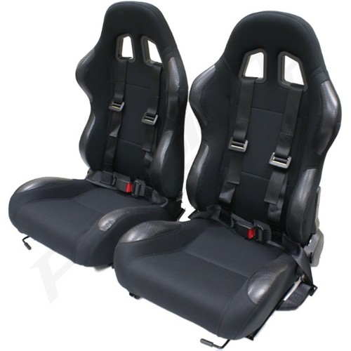 BLACK RECLINING BUCKET CAR SEATS WITH RACING HARNESSES