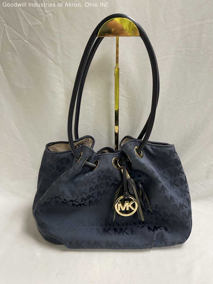 Michael Kors Navy Blue Monogram Canvas Bucket Tote Bag Gold