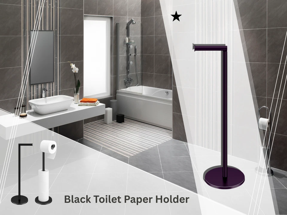 Suporte de papel higiênico preto – Suporte de tecido de banheiro independente com armazenamento - Imagem 4 de 4