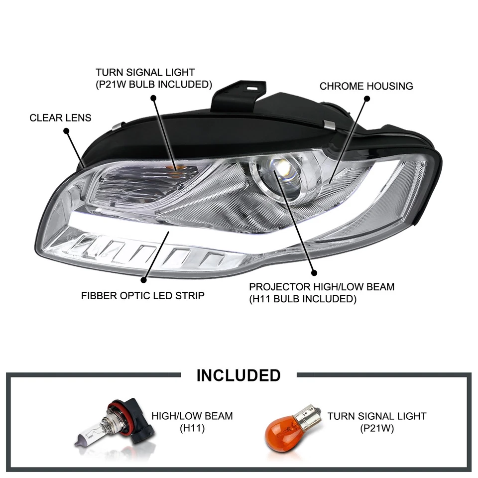 Fits 2006 2007 2008 Audi A4 S4 B7 Projector LED Strip Tube Headlights Left+Right - Imagem 3 de 4