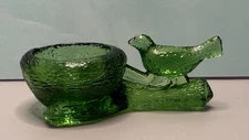 Vintage Mosser Glass Textured Bird on Branch & Nest Open Salt Well Dip - Green