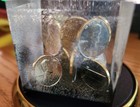VINTAGE 1970s ACRYLIC LUCITE FLOATING PENNY COPPER PENNIES CUBE PAPERWEIGHT  — photo 4
