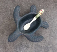 Figural Baby Sea Turtle Open Salt Dip, Cellar, Dish w/Bone Spoon!