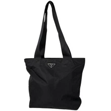 PRADA Plate Tote Bag Shoulder Bag Nylon Black 25cm #BS2613