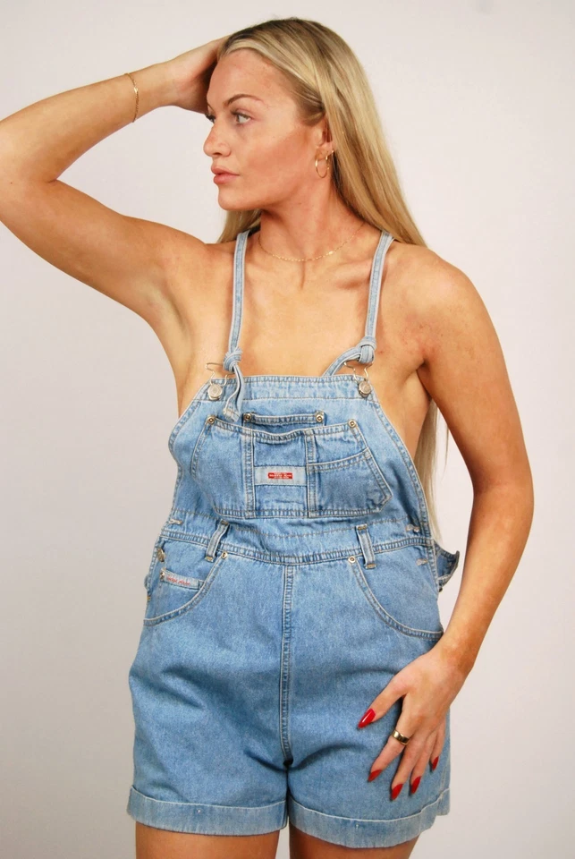 80s Shorts Overalls (S) small blue denim vintage lightwash bibs shortalls cuffed - Image 4 of 4