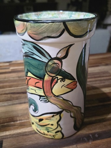 Deni Max Hand Painted Signed Art Pottery Wine Crock Holder Vase Colorful Fish